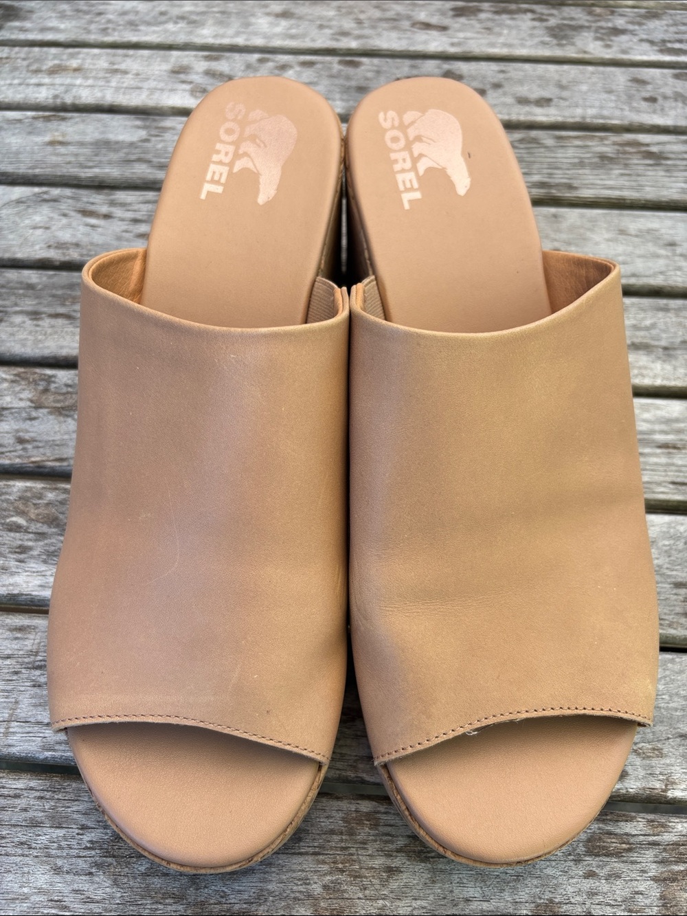 Sorel Leather Cork Platform Wedge Slide Sandals | Tan | Size 12 - Picture 1 of 7